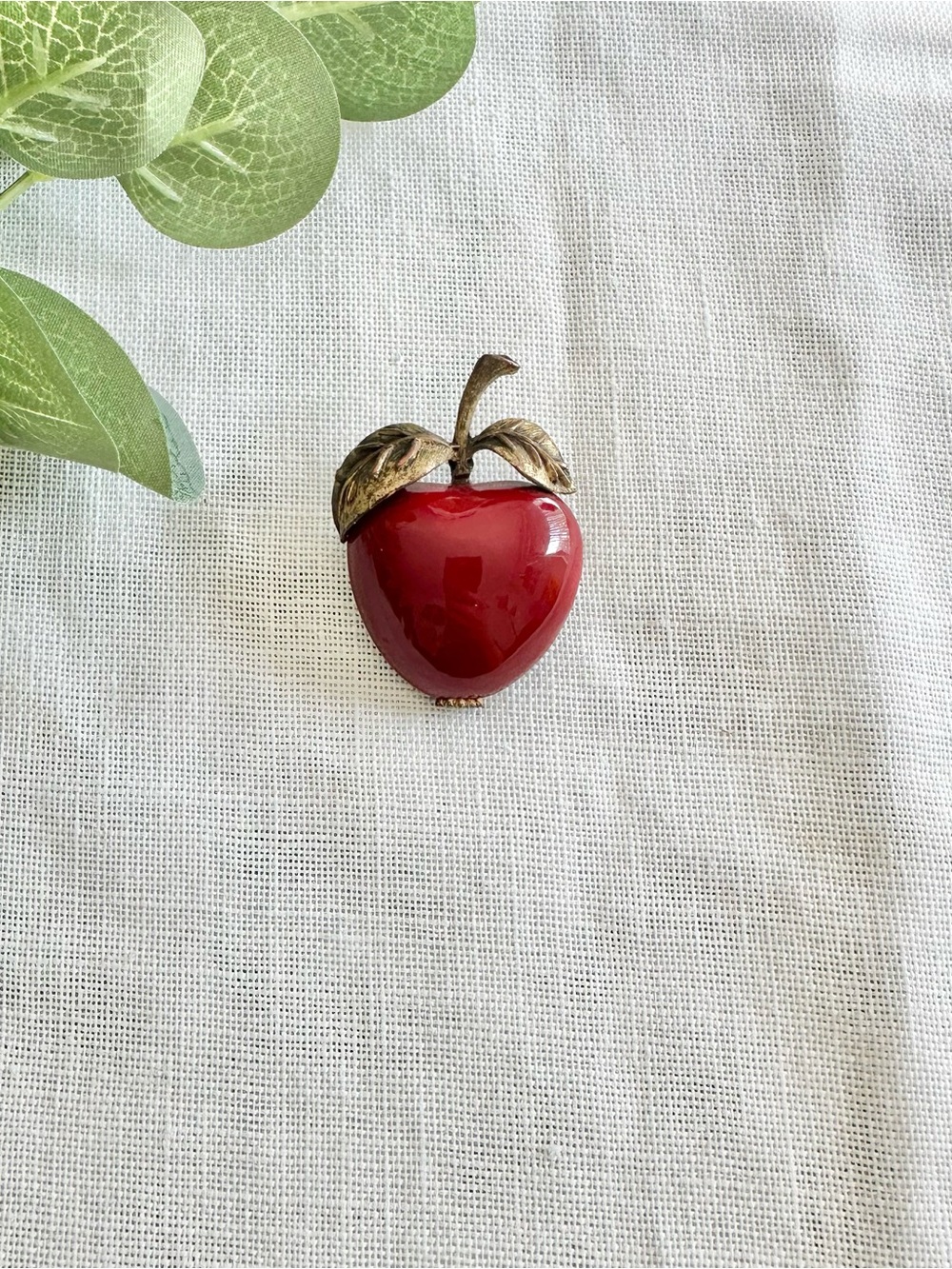 Vintage red enamel apple brooch